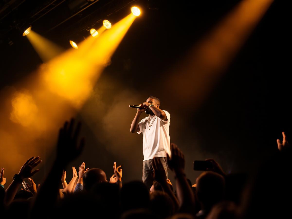 Independent artist performing under gold spotlights