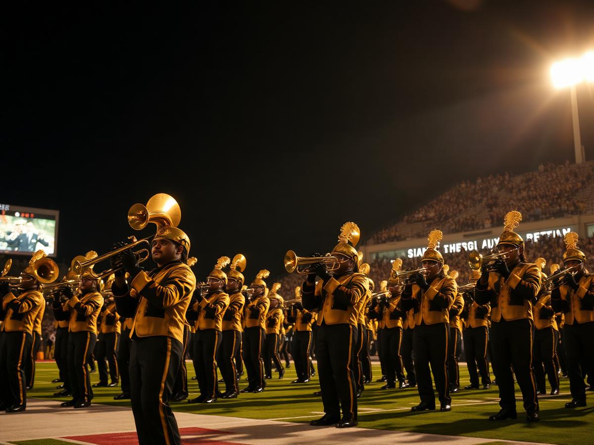 HBCU marching band performing at a football classic